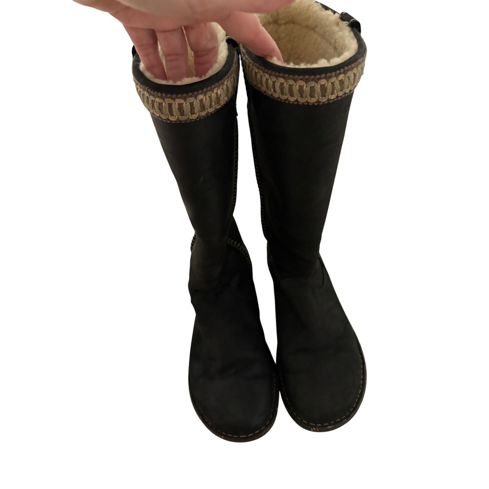UGG Australia Sunburst Tall Black Leather Shearling Lined‎ Boots Womens 9 5139